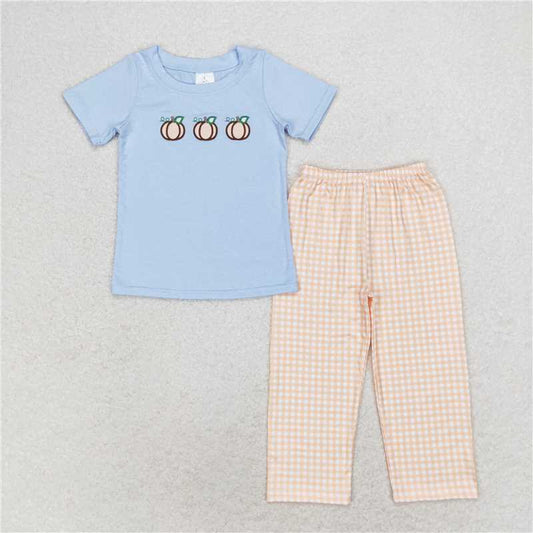 BSPO0371 Halloween Embroidered pumpkin Blue short sleeve orange plaid pants suit