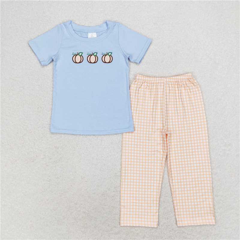 RTS BSPO0371 Kids Summer Top With Long Pants Baby Boys Blue Short Sleeve Pumpkins Shirt Pants Clothes Sets