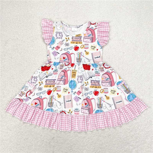 GSD1304 back to school Schoolbag Globe Pink plaid lace flying sleeve dress