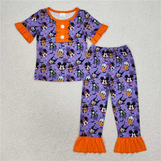 GSPO1608 Baby Girls Halloween Cartoon Purple Top Pants Pajamas Clothes Set