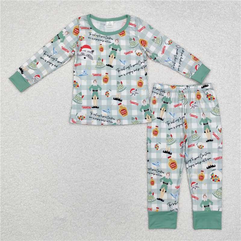 Sibling Boys Christmas Shelf Checkered Bamboo Rompers Pajamas