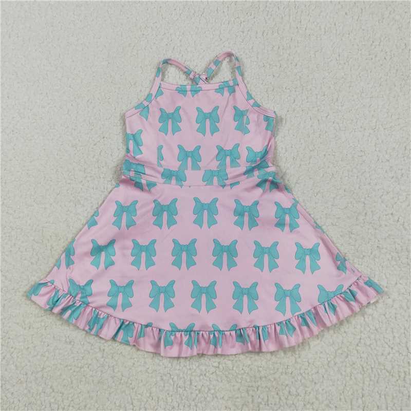 RTS GSD2293 Baby Girls Pink Strap Green Bows Yoga Ruffle Knee-Length Dresses