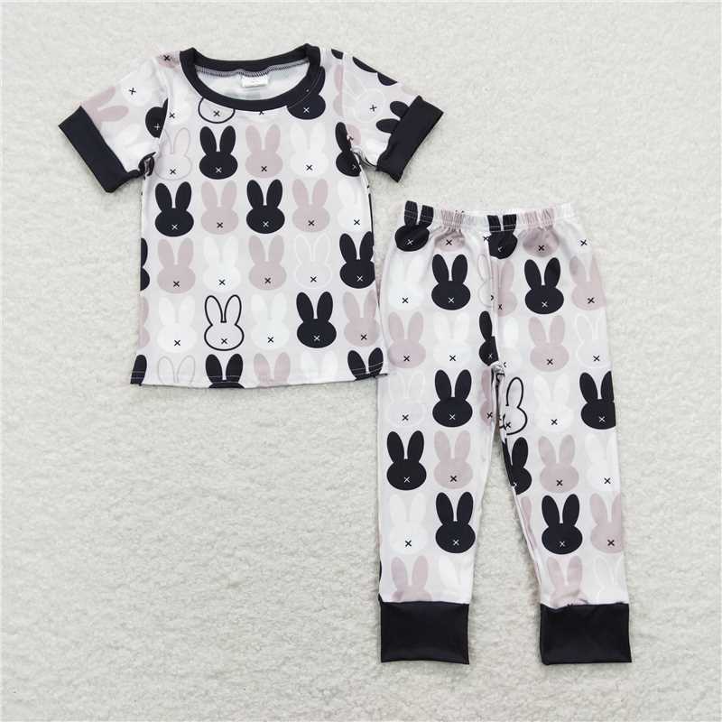 RTS BSPO0317 Kids Summer Top With Long Pants Baby Boys Easter Black Rabbits Short Sleeve Tops Pants Pajamas Clothes Sets