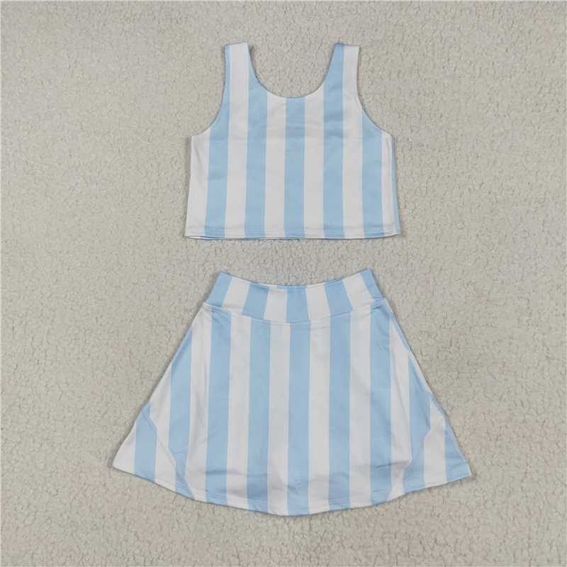 RTS GSD2433 Baby Girls Blue Stripes Athletic Active Wear Outfit Set: Top Shorts And Skirts Combo for Active Kids