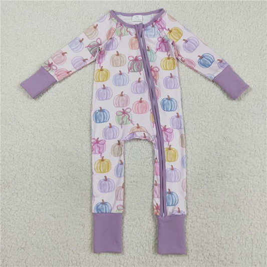 Sibling Baby Kids Colorful Bows Pumpkins Fall Pajams Sets Zipper Footie Rompers C8.18