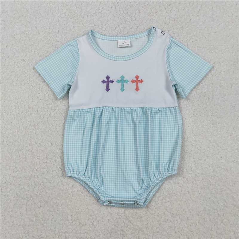 RTS SR3215 Baby Boys Romper Embroidery Crosses Baby Boys Blue Checked Short Sleeve Easter Rompers