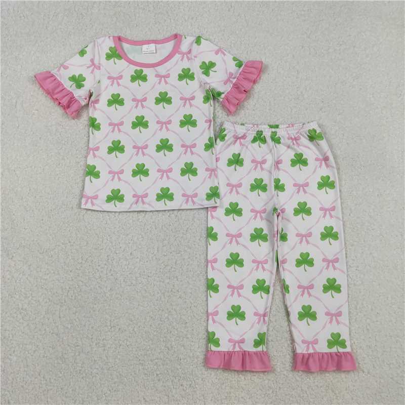 RTS GSPO1838 Baby Girls St. Patrick's Day Pajamas Set with Bow Ties And Ruffle Pants Checked Top And Bottoms for Infants