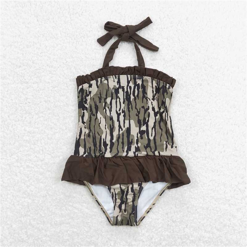 RTS S0192 Baby Girls Summer Brown Camouflage Branches Print One Piece Swimsuit for Kids