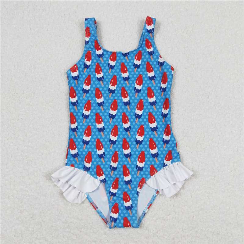 RTS S0217 Baby Girls 4th of July Popstick Ruffle One Piece Swimsuit Independence Day USA Theme Bathing Suit for Little Girls