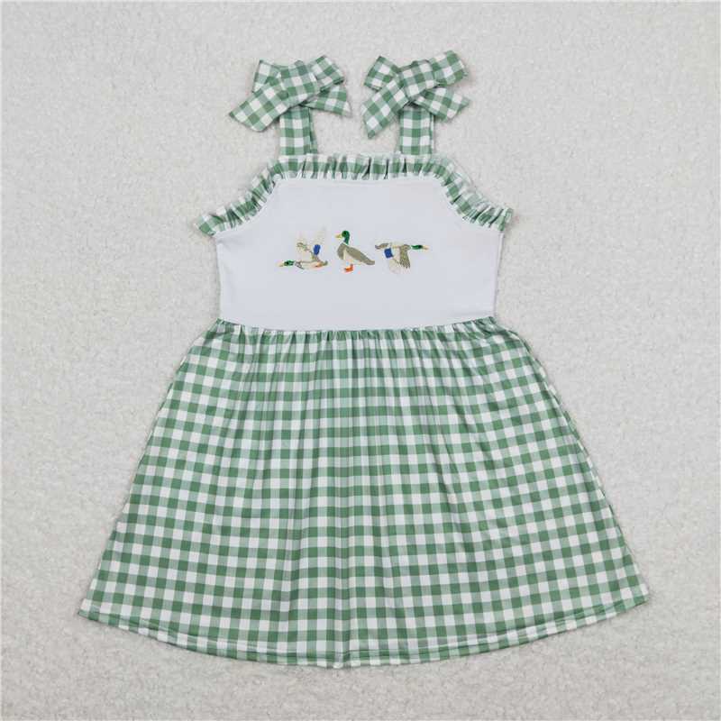 RTS GSD0839 Baby Girls Knee-Length Checkered Dress with Straps in Green Duck Fabric