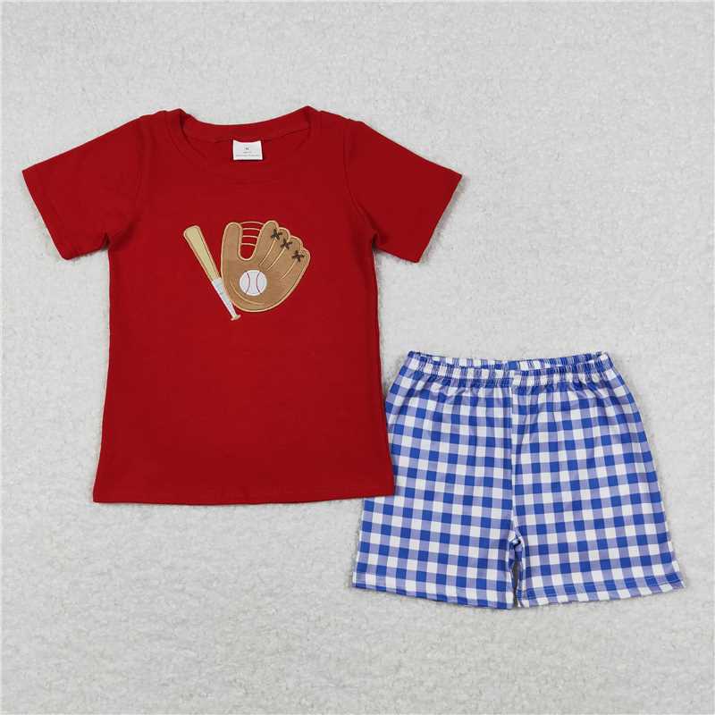 RTS BSSO0353 Baby Boys Red Baseball Shirt Top Blue Checkered Shorts Clothing Sets