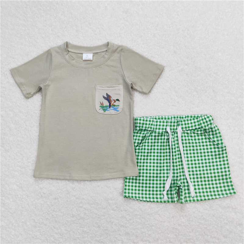 RTS BSSO0734 Baby Boys Summer Clothes Baby Boys Ducks Green Shirt Checkered Shorts Clothes Sets