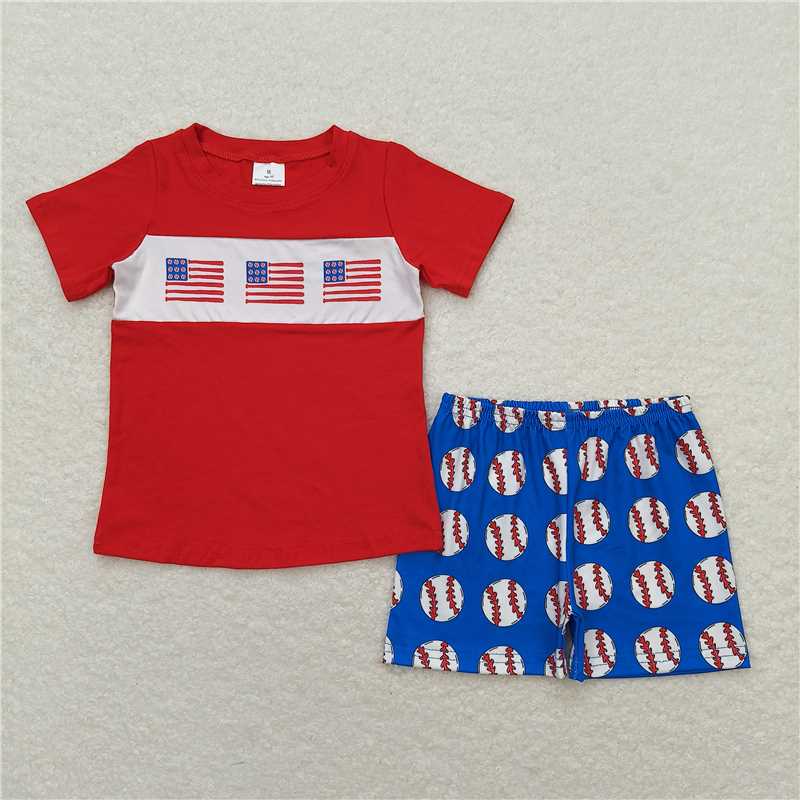 RTS BSSO0674 Baby Boys Summer Clothes Baby Boys Baseball Flags Shirt Top Shorts Clothes Sets