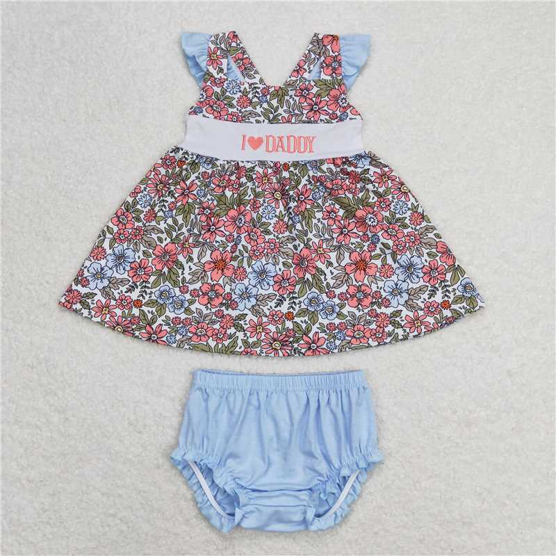 RTS GBO0294 Baby Girls Floral Straps Top And Bummies Clothes Set 'I Love Daddy' Design Infant Outfit Set for Girls