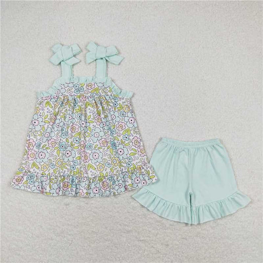 Baby Girls Green Flowers Sibling Rompers Clothes Sets