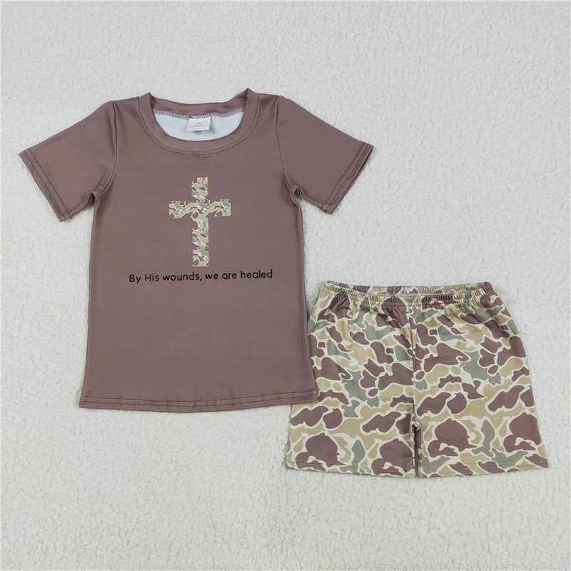 RTS BSSO1134 Baby Boys Summer Clothes Baby Boys Brown Easter Cross Shirt Camo Shorts Clothes Sets