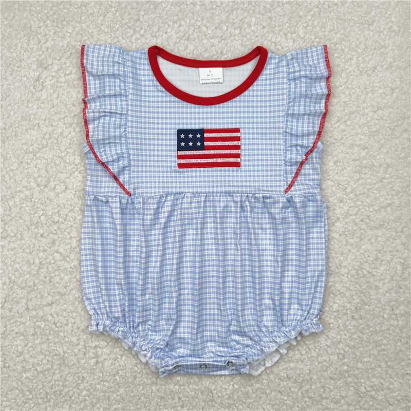 RTS SR2817 Blue Checkered Flag Rompers for Baby Infant Girls Embroidery Detail Comfortable Soft Material Newborn Outfit