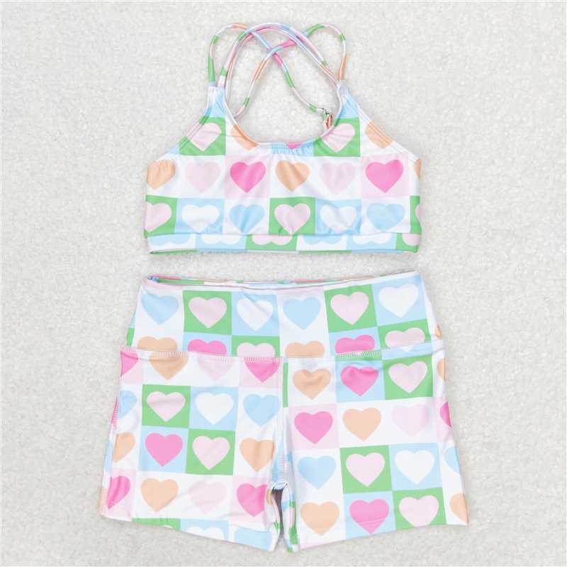 RTS S0373 Baby Girls Pink Hearts Swimsuit Set Top Shorts Outfit for Infants