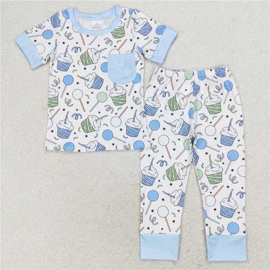 BSPO0410 Boy's birthday Candle cake blue pocket short sleeve trousers pajama set