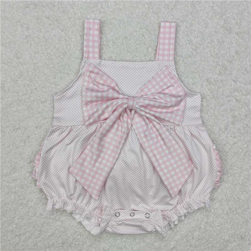 RTS SR2280 Baby Infant Girls Pink Dots Rompers with Bow Straps Cute Baby Girl Outfit