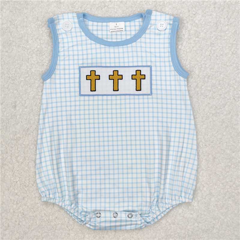 RTS SR2505 Baby Boys Romper Embroidery Baby Infant Boys Blue Checkered Easter Cross Rompers