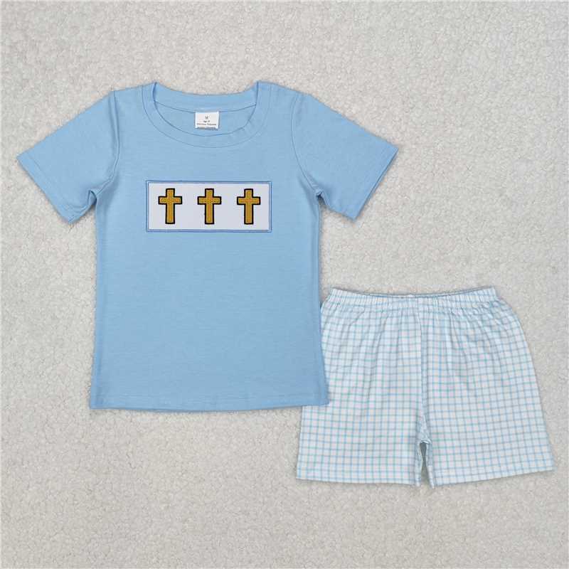 RTS BSSO1234 Baby Boys Summer Clothes Embroidery Baby Boys Blue Easter Cross Shirts Checkered Shorts Clothes Sets