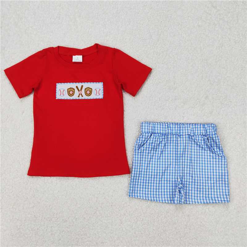 RTS BSSO1283 Baby Boys Summer Clothes Embroidery Baby Boys Red Baseball Top Shorts Clothes Sets