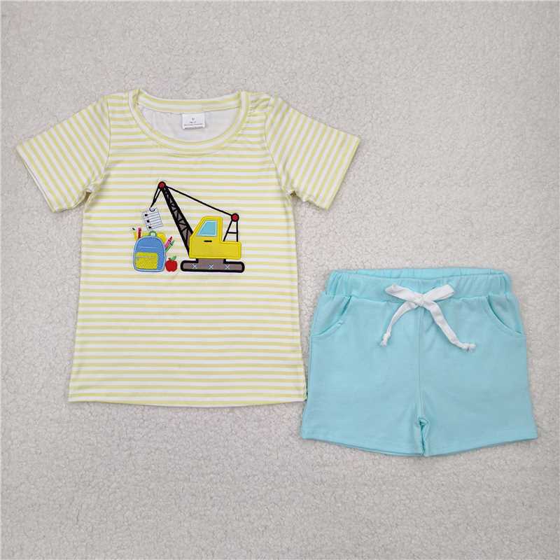 RTS BSSO1417 Baby Boys Summer Clothes Embroidery Baby Boys Back To School Excavator Shirts Top Blue Pockets Shorts Sets