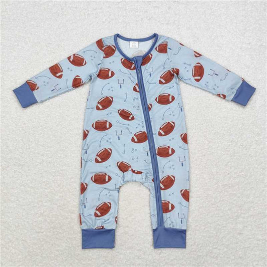 Sibling Boys Blue Football Bamboo Rompers Pajamas