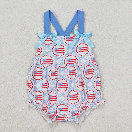 Sibling Baby Girls Blue Bows Flag Rompers Outfits Sets