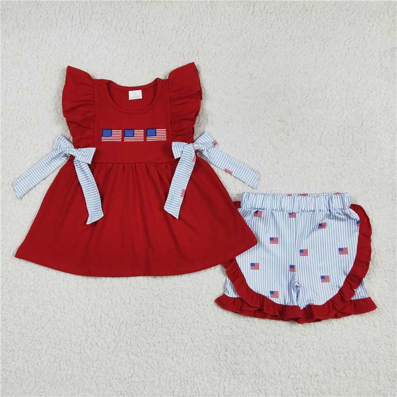 Sibling Embroidery Baby Girls Red Flags 4th of July Bows Rompers Outfits Sets 4.19