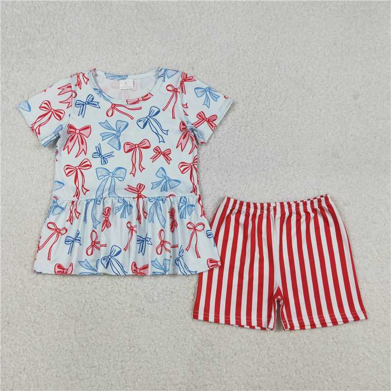 RTS GSSO2838 Baby Girls July 4th Outfit Set with Red Blue Bows Ruffle Top And Stripe Shorts for Baby Girl's Summer Clothing