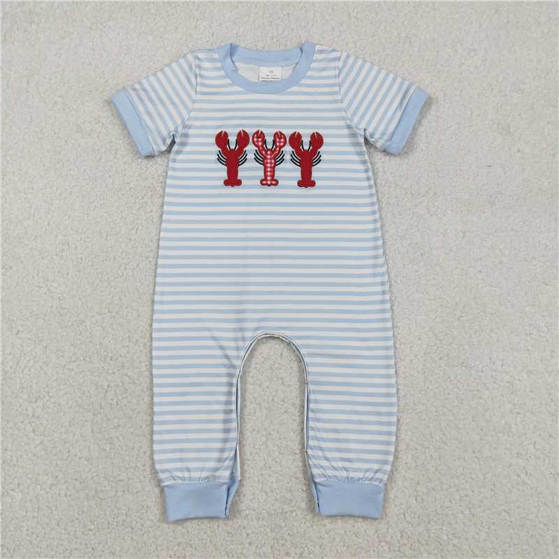 RTS SR3333 Baby Boys Romper Embroidery Crayfishes Baby Boys Grey Stripe Footie Rompers