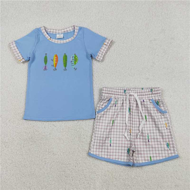 RTS BSSO1617 Baby Boys Summer Clothes Embroidery Fishing Baby Boys Top Checked Pockets Shorts Hunting Clothes Sets