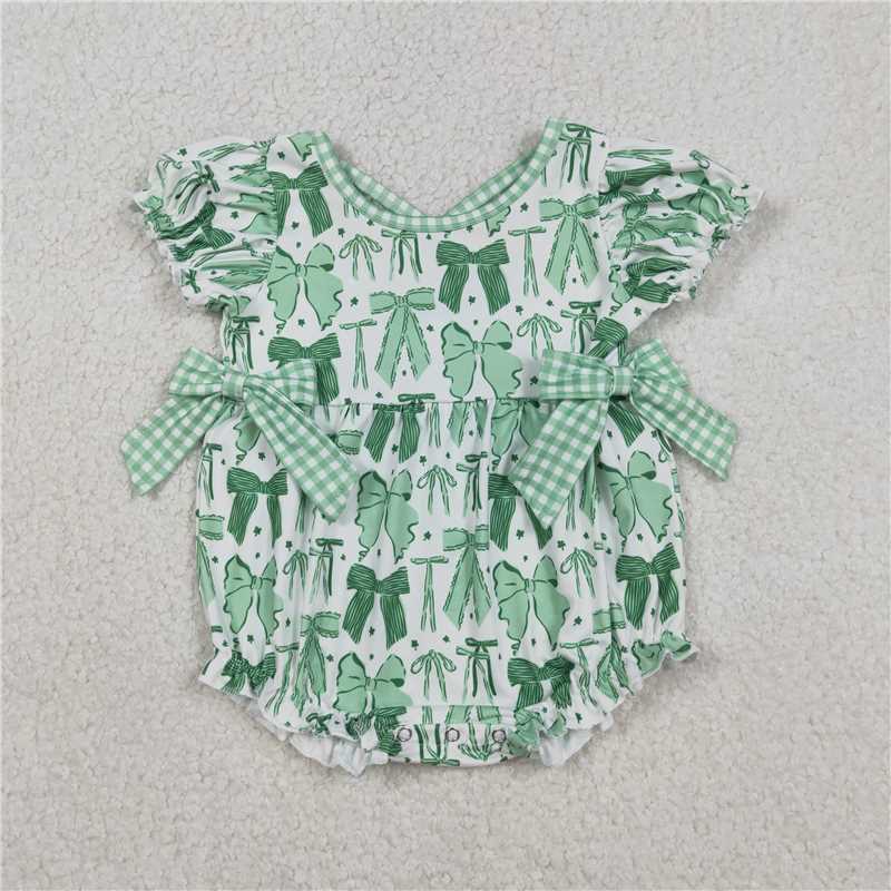 RTS SR3305 Baby Girls Green Ruffle Rompers with St Patrick Bows Design for Infant Girls' Holiday Wear