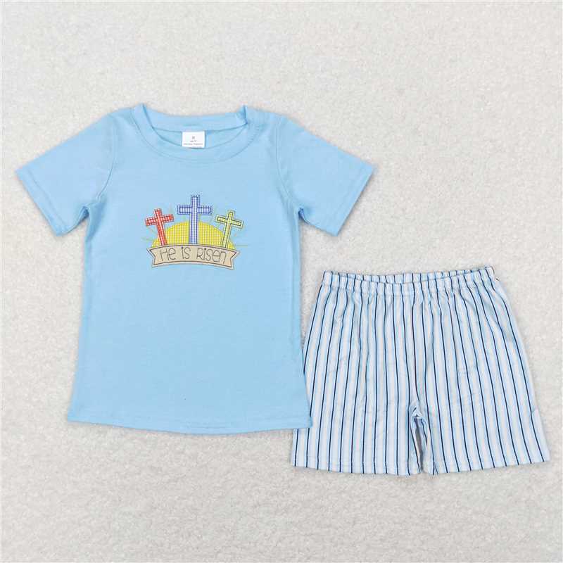 RTS BSSO0356 Baby Boys Easter He Is Risen Cross Short Sleeve Top Short Clothes Sets