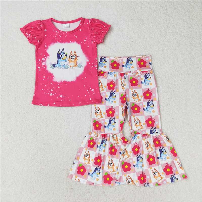 RTS GSPO1275 Baby Girls Pink Floral Dog Print Top with Bell Pants Cute Animal Themed Outfit Set for Infants
