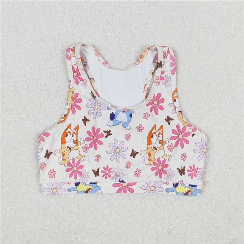 RTS GT0516 Baby Girls Sleeveless Vest Crop Tops Blue Dog Flowers Print Cute Summer Casual Top for Little Girls