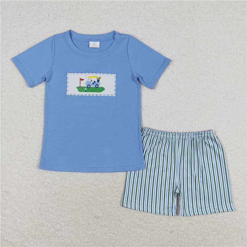 RTS BSSO0616 Baby Boys Summer Clothes Baby Boys Blue Golf Shirt Stripes Shorts Clothes Sets
