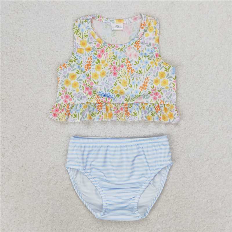 RTS S0414 Baby Girls Small Flowers Ruffle Top Two-Piece Swimsuit with Bummie Soft Cotton Floral Print Swimwear for Little Ones