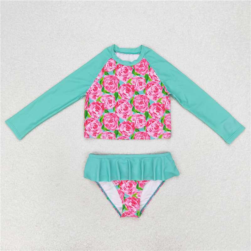 RTS S0260 Baby Girls Rose Flowers Two-Piece Swimsuit Set Top And Bummie Swimwear for Infants