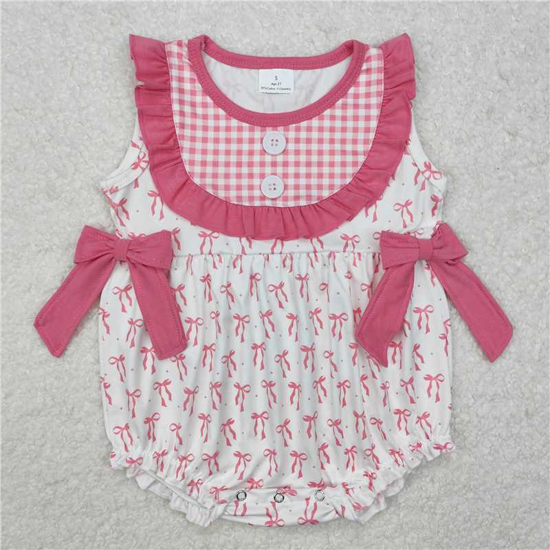 RTS SR2294 Baby Infant Girls Pink Bows Bib Sleeveless Rompers Soft Cotton Rompers for Newborns Baby Girl Clothing