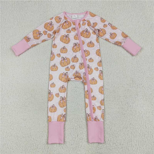 Sibling Baby Girls Pink Bows Pumpkins Rompers Pajamas Sets 8.13