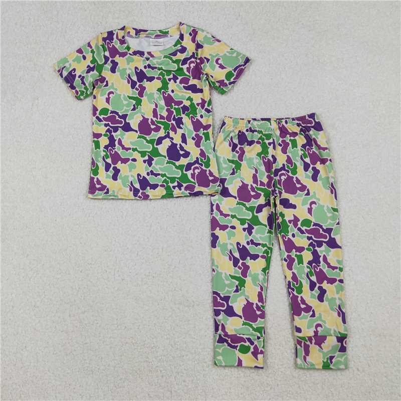 RTS BSPO0584 Kids Summer Top With Long Pants Baby Boys Mardigras Camo Short Sleeve Pant Pajamas Sets
