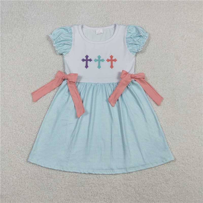 RTS GSD2807 Baby Girls Easter Knee-Length Dress Embroidered Crosses Bow Detail Cute Spring/Summer Frock for Little Girls