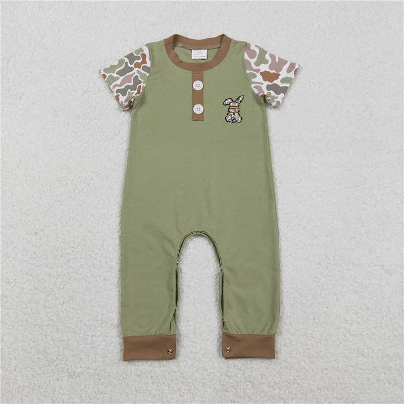 RTS SR3258 Baby Boys Romper Embroidery Camo Rabbit Baby Boys Button Easter Footie Rompers