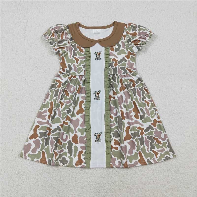 RTS GSD2852 Baby Girls Embroidered Rabbit Knee-Length Dress with Camo Bows Easter Collar Spring/Summer Casual Outfit for Kids