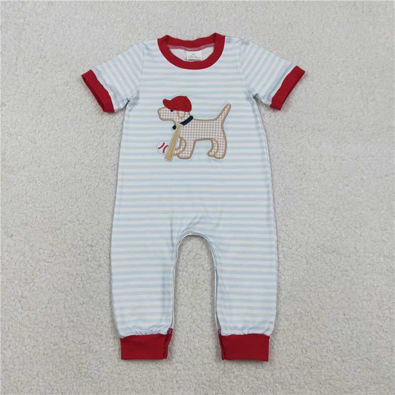 RTS SR3330 Baby Boys Romper Embroidery Dog Baseballs Baby Boys Stripe Team Footie Rompers