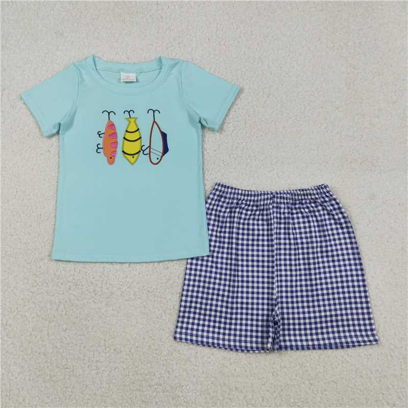 RTS BSSO1628 Baby Boys Summer Clothes Embroidery Fishing Baby Boys Top Checked Shorts Hunting Clothes Sets