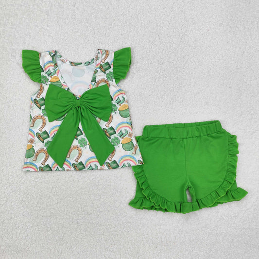 GSSO1713 Baby Girls St Patrick Day Qautrefoil Bow Tunic Shorts Clothes Set